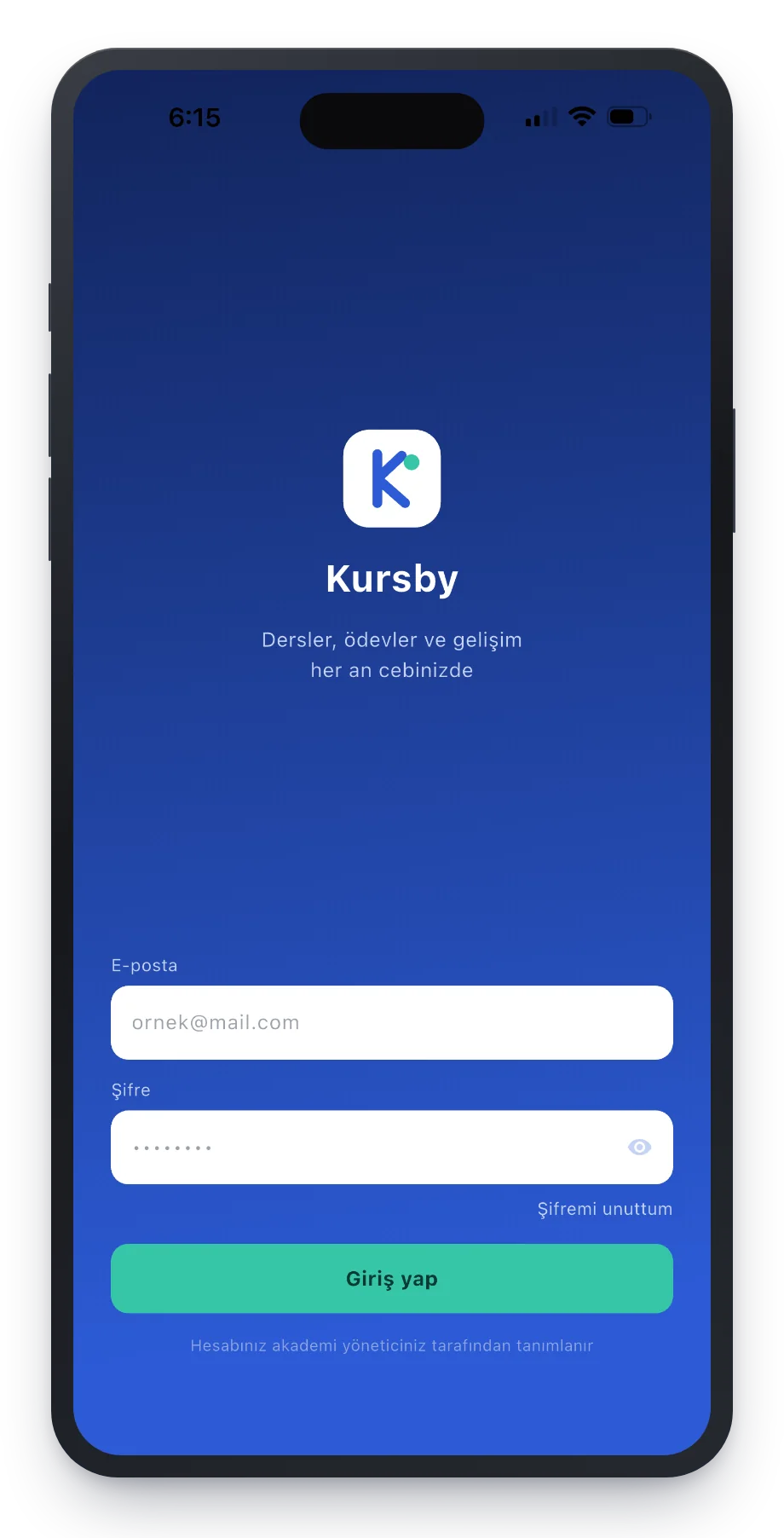Kursby mobil uygulaması giriş ekranı